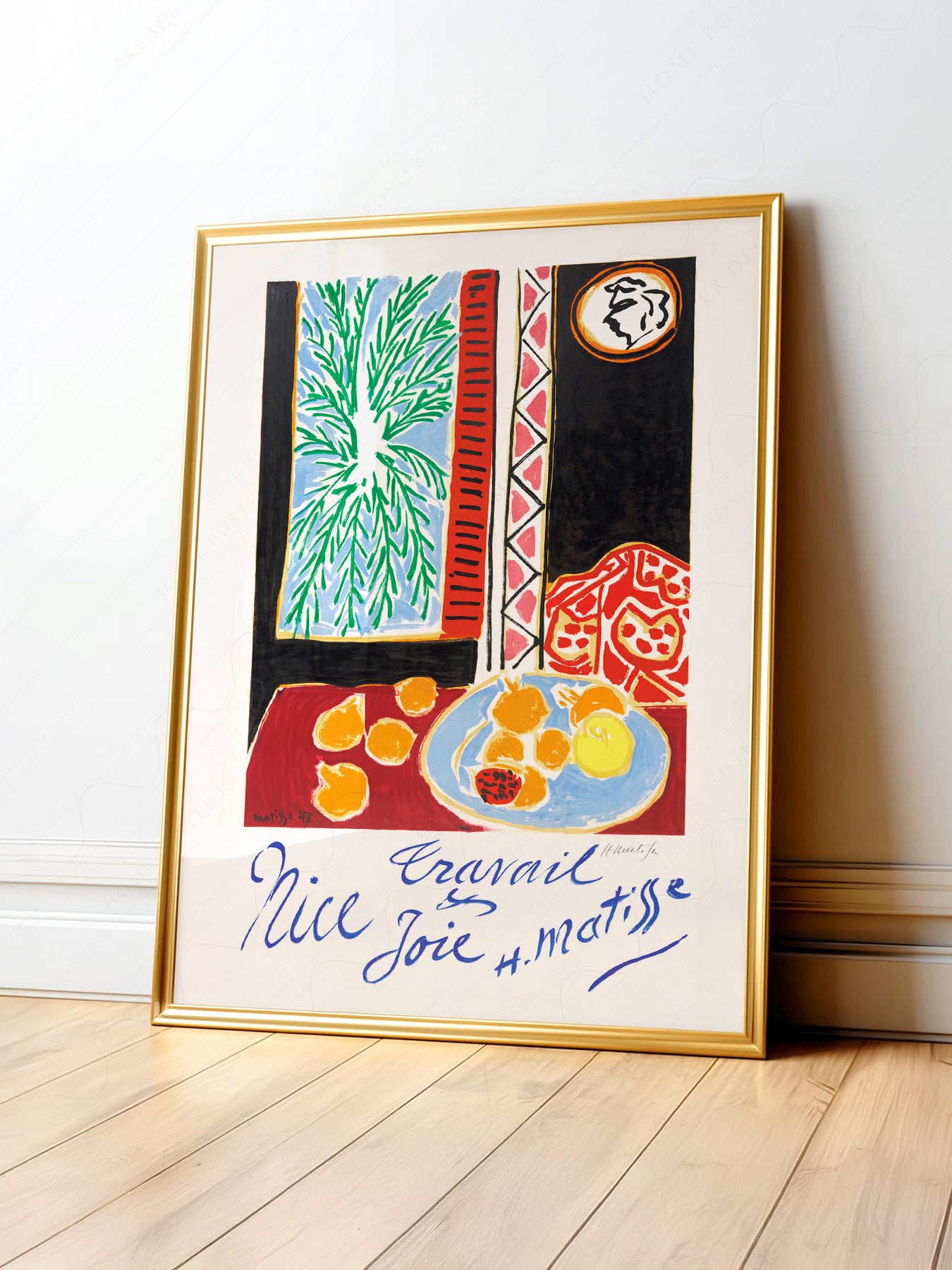 Henri Matisse Nice Travail et Joie art print featuring bold colors, palm tree, and fruit still life wall art.