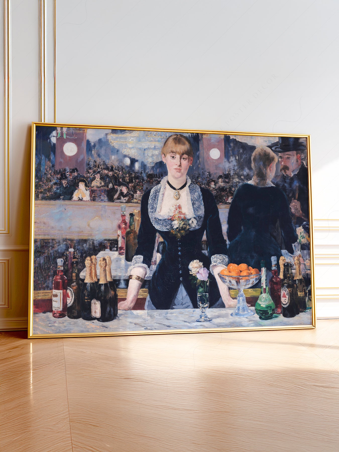Édouard Manet A Bar at the Folies-Bergère wall art print featuring a barmaid with mirrored Parisian crowd.
