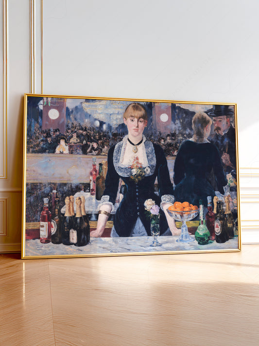 Édouard Manet A Bar at the Folies-Bergère wall art print featuring a barmaid with mirrored Parisian crowd.