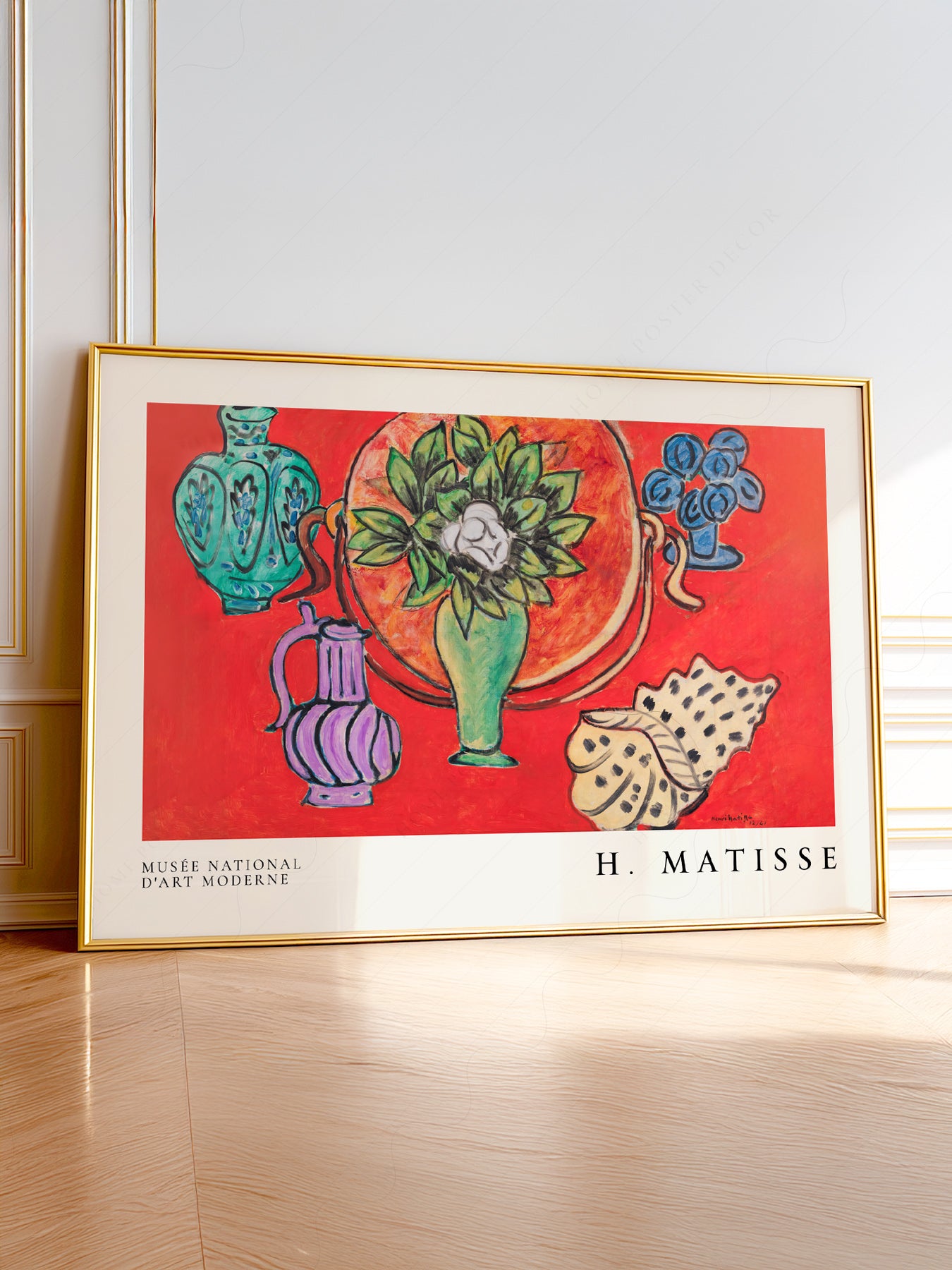 Henri Matisse Still Life with Magnolia art print featuring vibrant red background with decorative vases and magnolia bloom wall art.