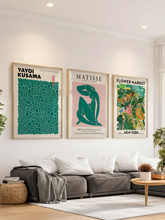 Gallery wall set of three prints featuring Yayoi Kusama dots, Matisse blue nude, and Flower Market New York botanical art.