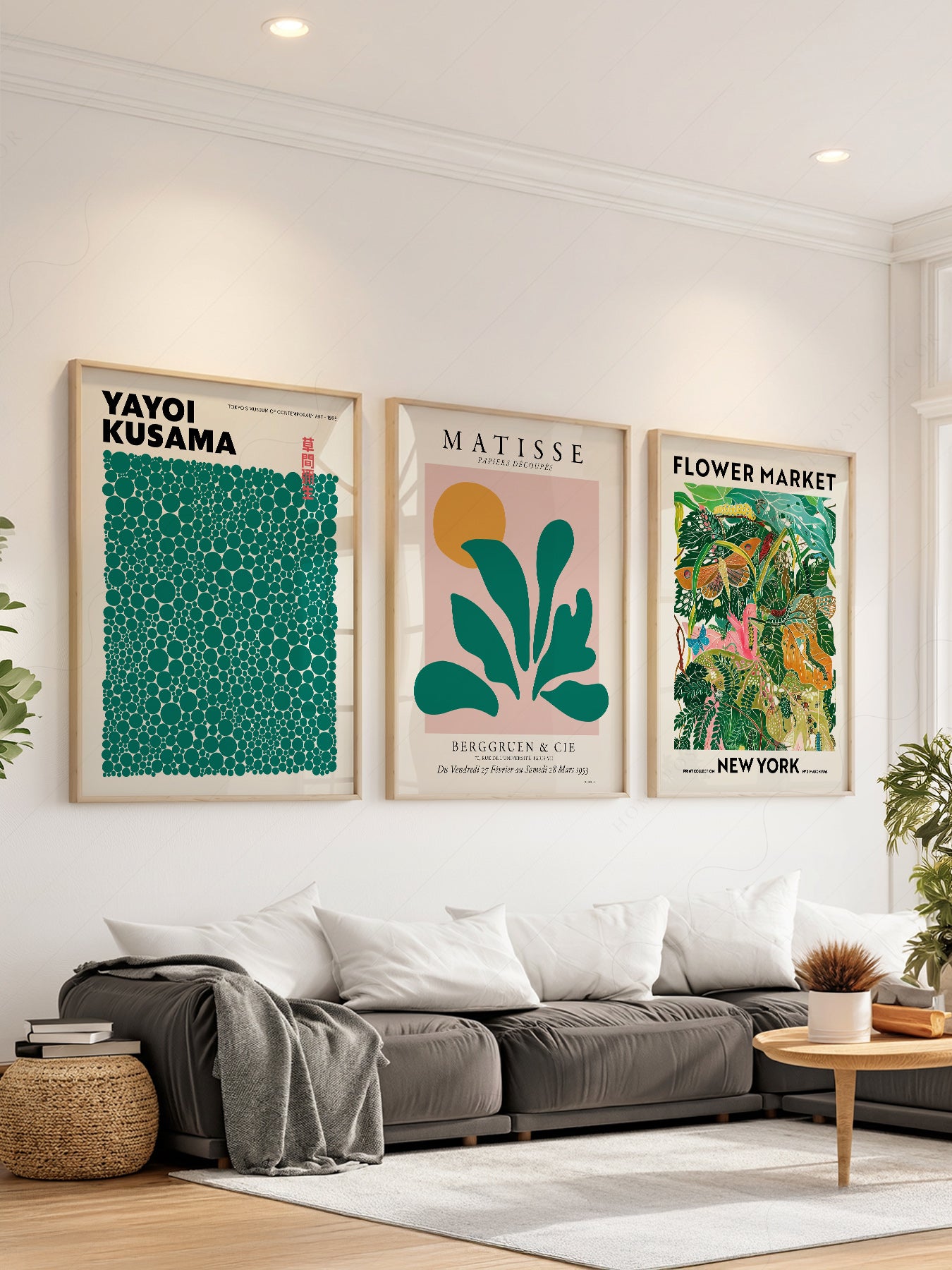 Gallery wall set of 3 prints featuring Yayoi Kusama dots, Matisse cut-out, and Flower Market New York botanical art.