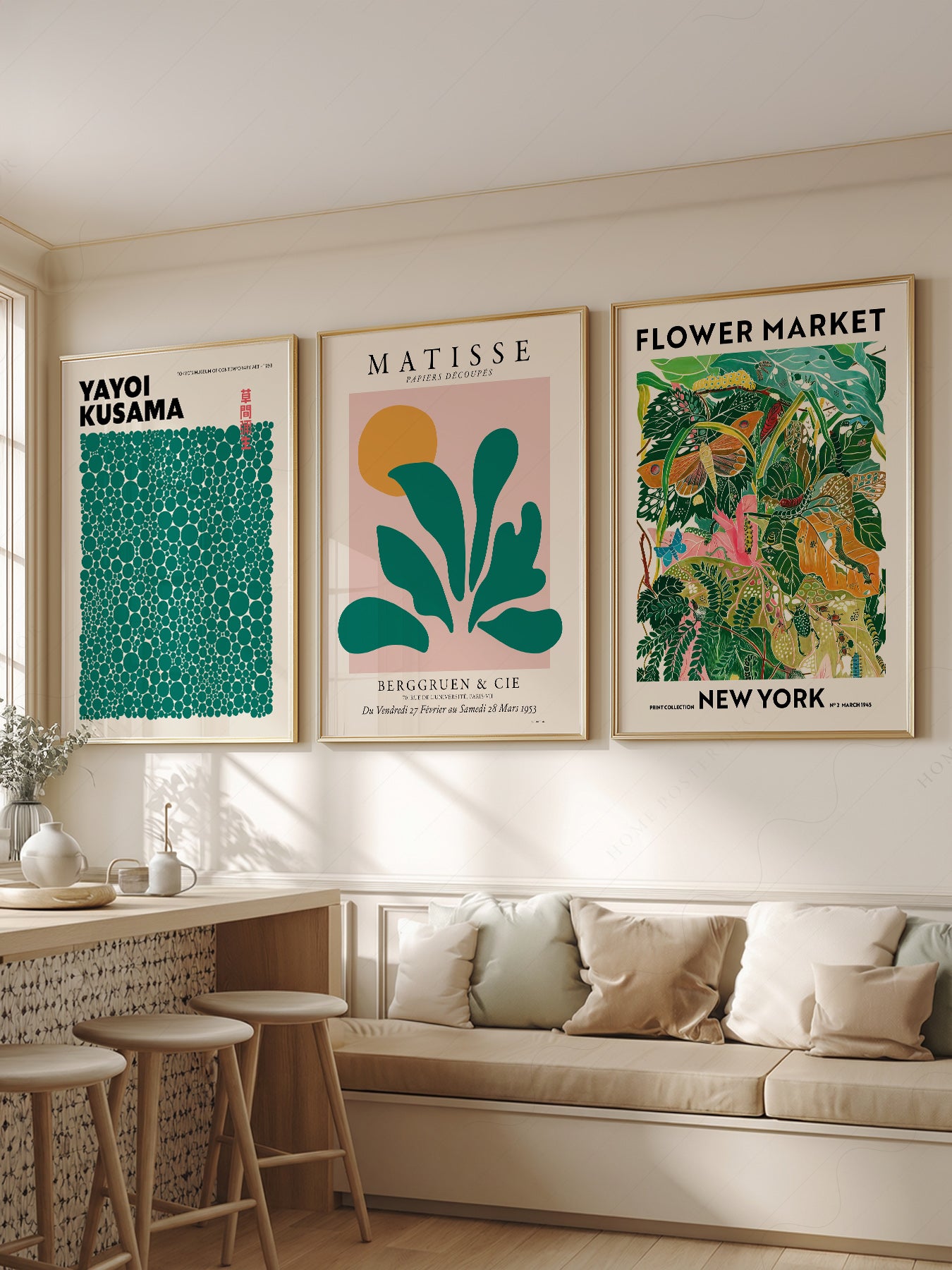Matisse Kusama Gallery Wall Set of 3 wall art print displayed in a bright modern living room