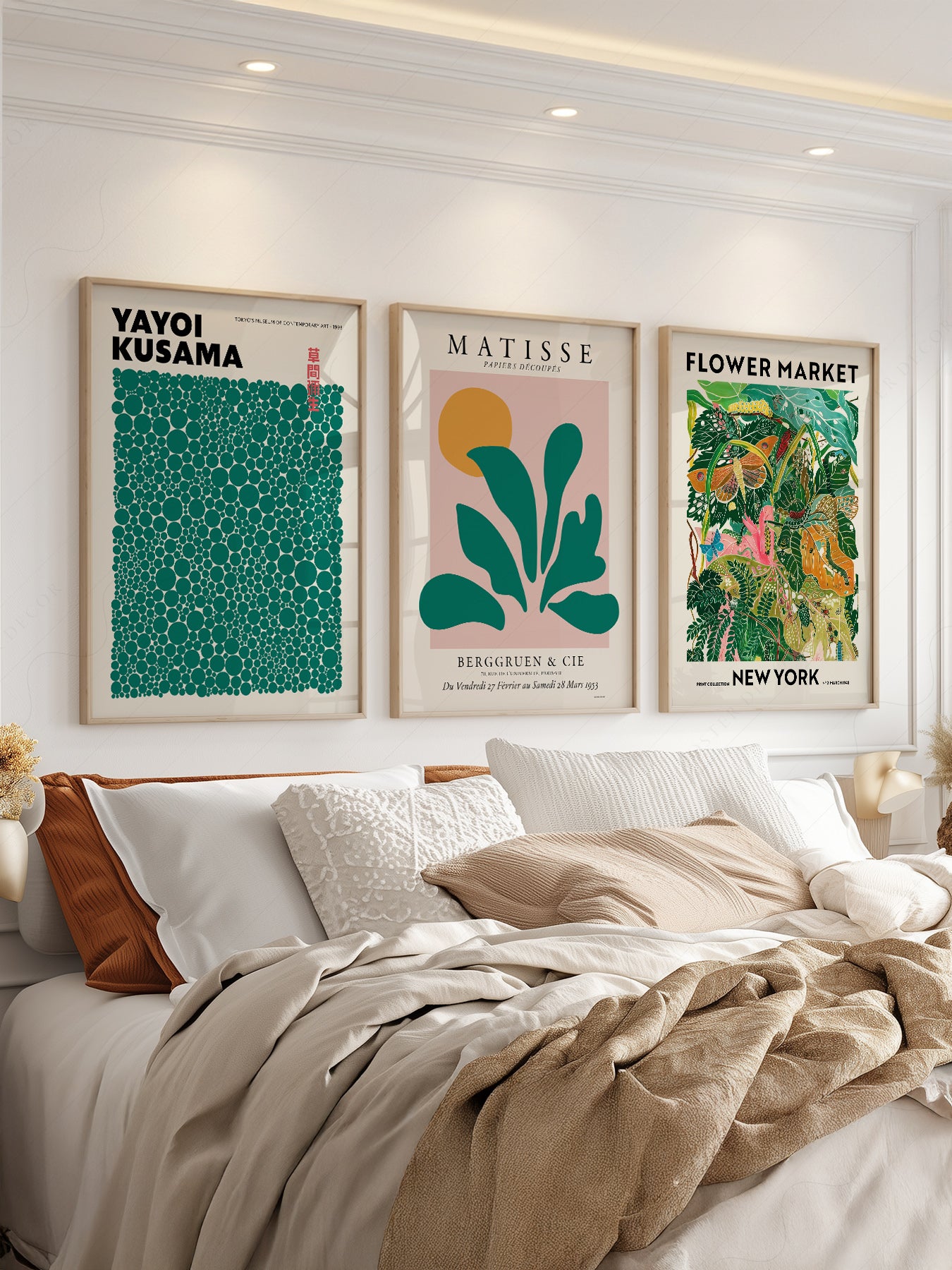 Matisse Kusama Gallery Wall Set of 3 styled in a Scandinavian bedroom
