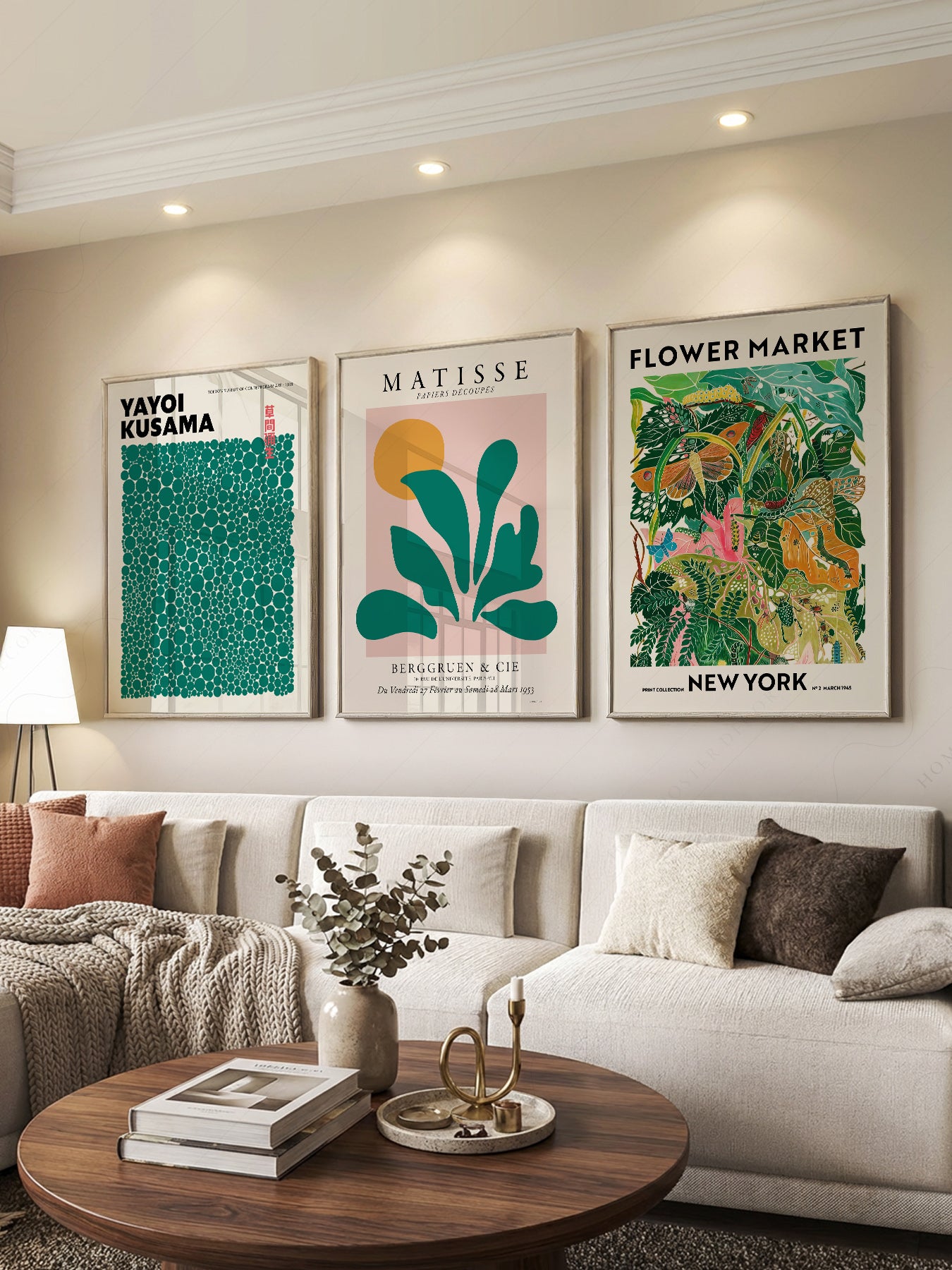 Matisse Kusama Gallery Wall Set of 3 print styled in a mid-century modern dining room