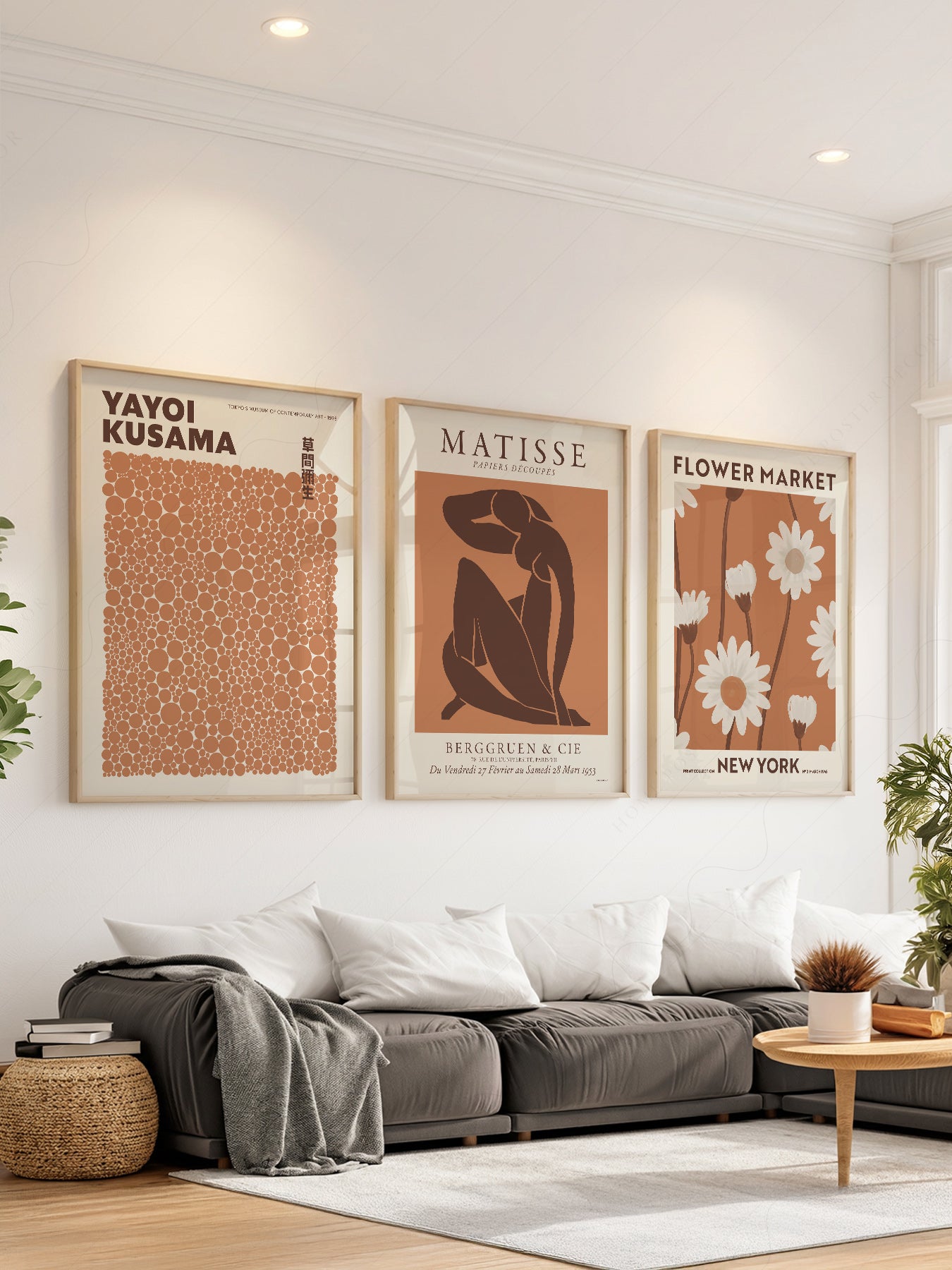 Set of three neutral art prints featuring Yayoi Kusama dots, Matisse figure, and Flower Market daisies as wall art.