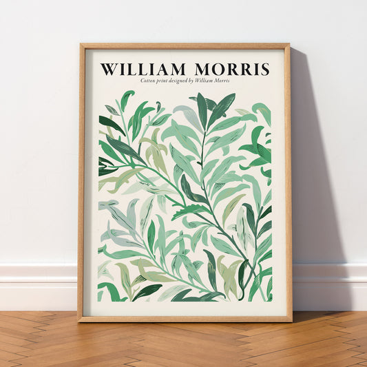 William Morris botanical art print featuring flowing green leaves in varying shades on cream background wall art.
