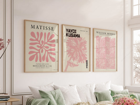 Set of 3 Prints, Pink Gallery Wall, Coral by Henri Matisse, Marigold by William Morris, Flower by Yayoi Kusama