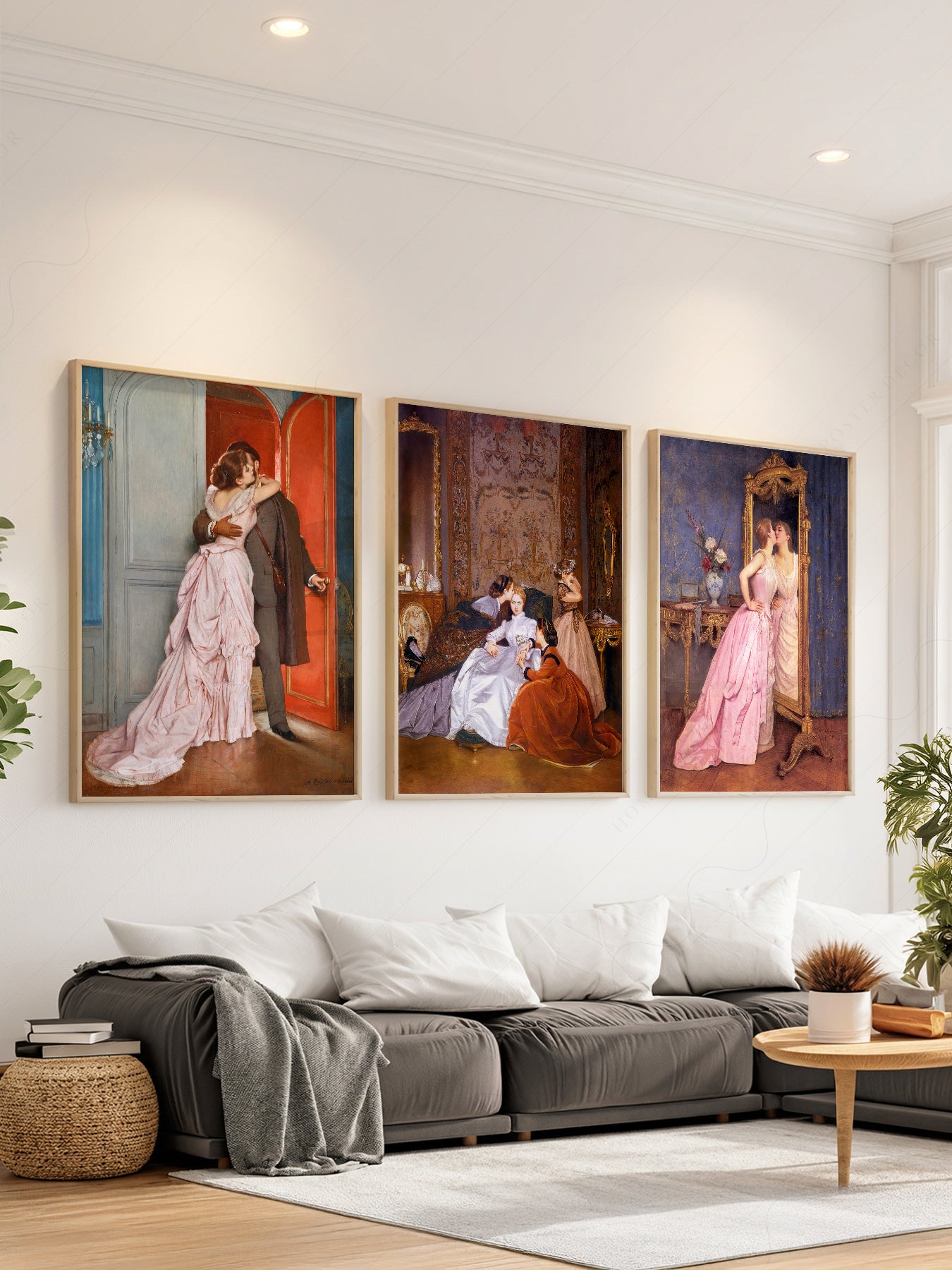 Auguste Toulmouche Victorian art print set featuring The Kiss, The Reluctant Bride, and Vanity romantic wall art.