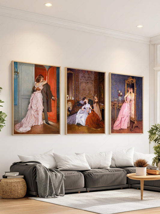 Auguste Toulmouche Victorian art print set featuring The Kiss, The Reluctant Bride, and Vanity romantic wall art.