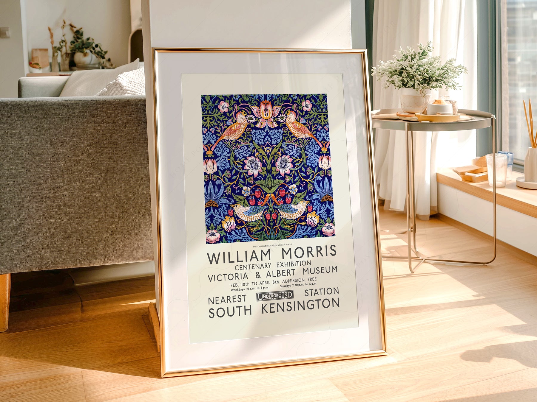 William Morris art print as wall decor in a minimalist home office