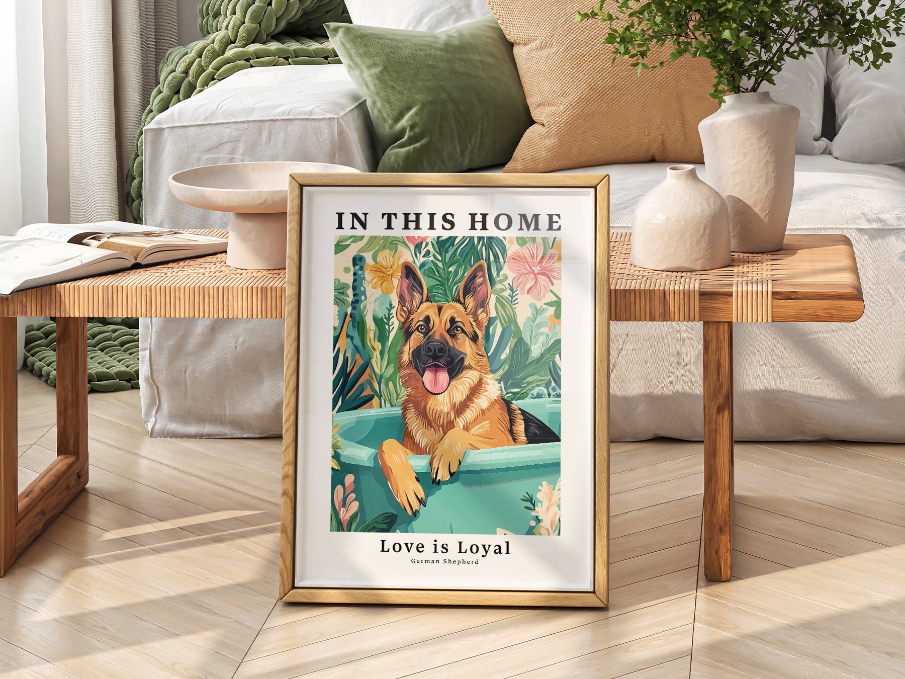 German Shepherd Dog art print as wall decor in a minimalist home office