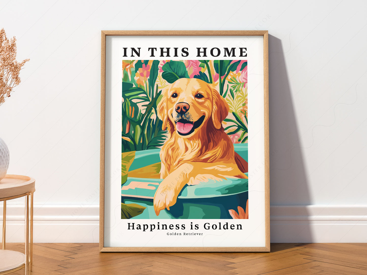 Golden Retriever art print featuring a happy dog in a tropical setting with In This Home Happiness is Golden quote.