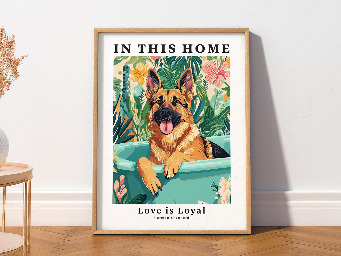 German Shepherd Dog in a light-filled Japandi-inspired living space