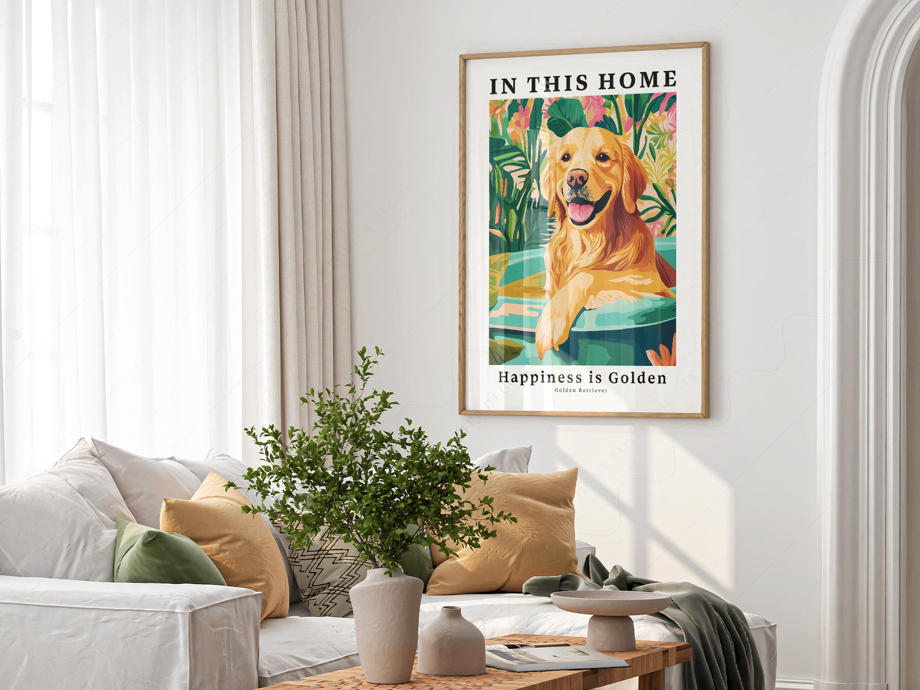 Golden Retriever as a statement piece in an eclectic gallery wall