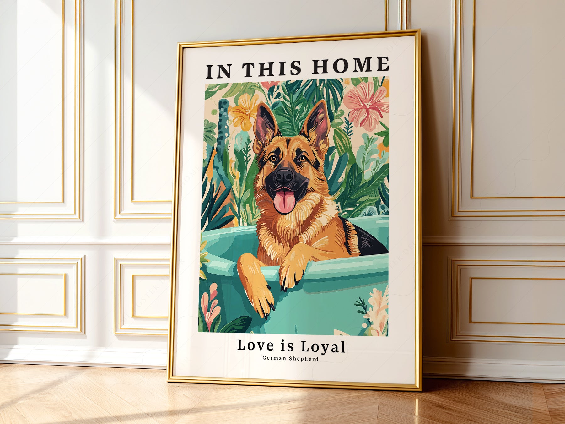 German Shepherd Dog as a statement piece in an eclectic gallery wall