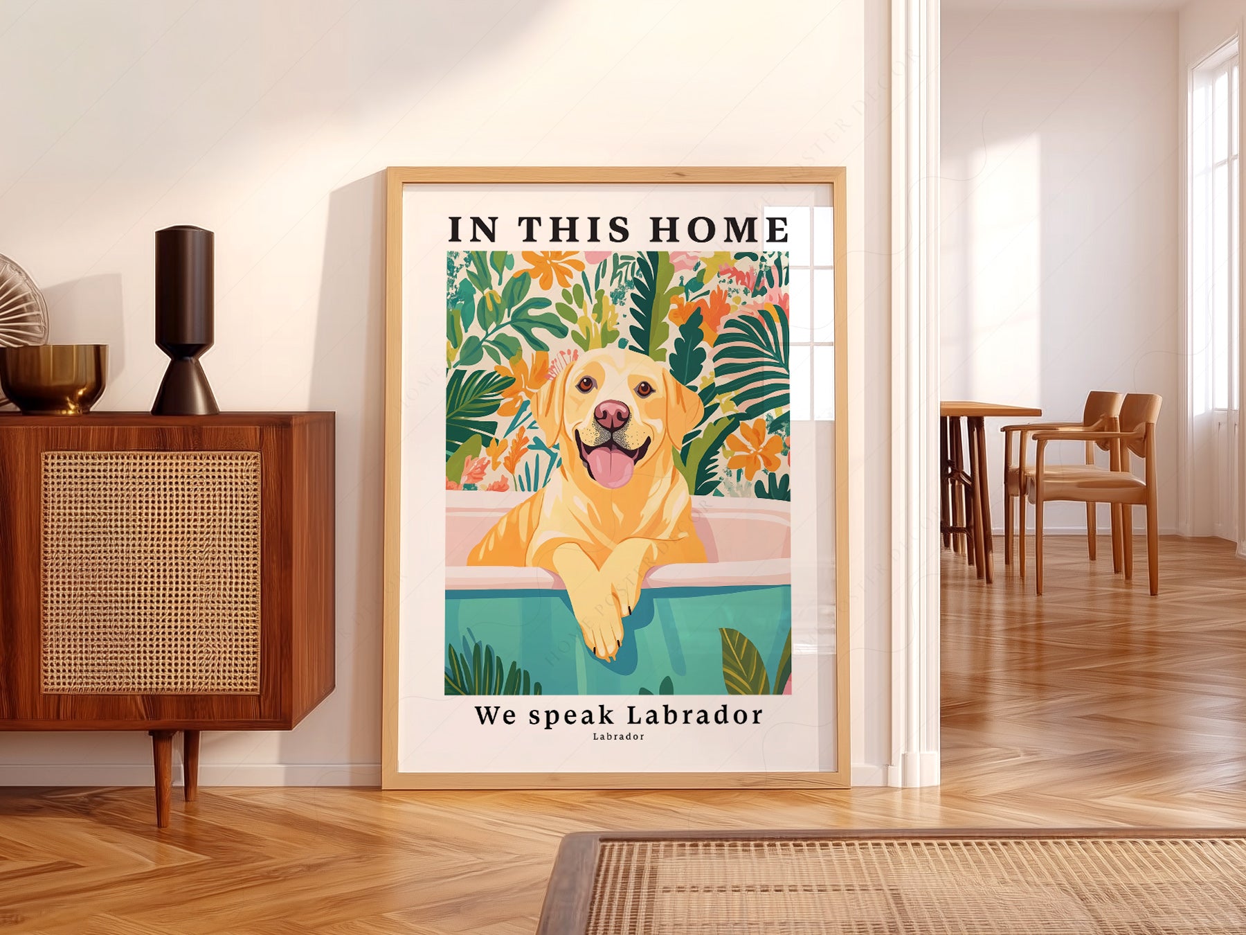 Labrador dog art print featuring a happy golden Lab in a bathtub surrounded by tropical plants and flowers.