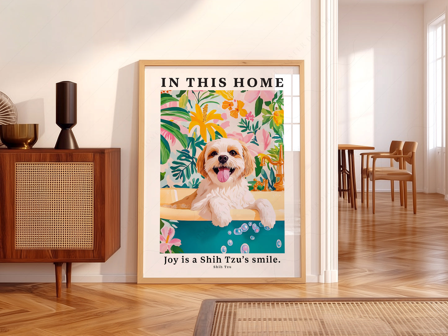 Shih Tzu In This Home art print as wall decor in a minimalist home office