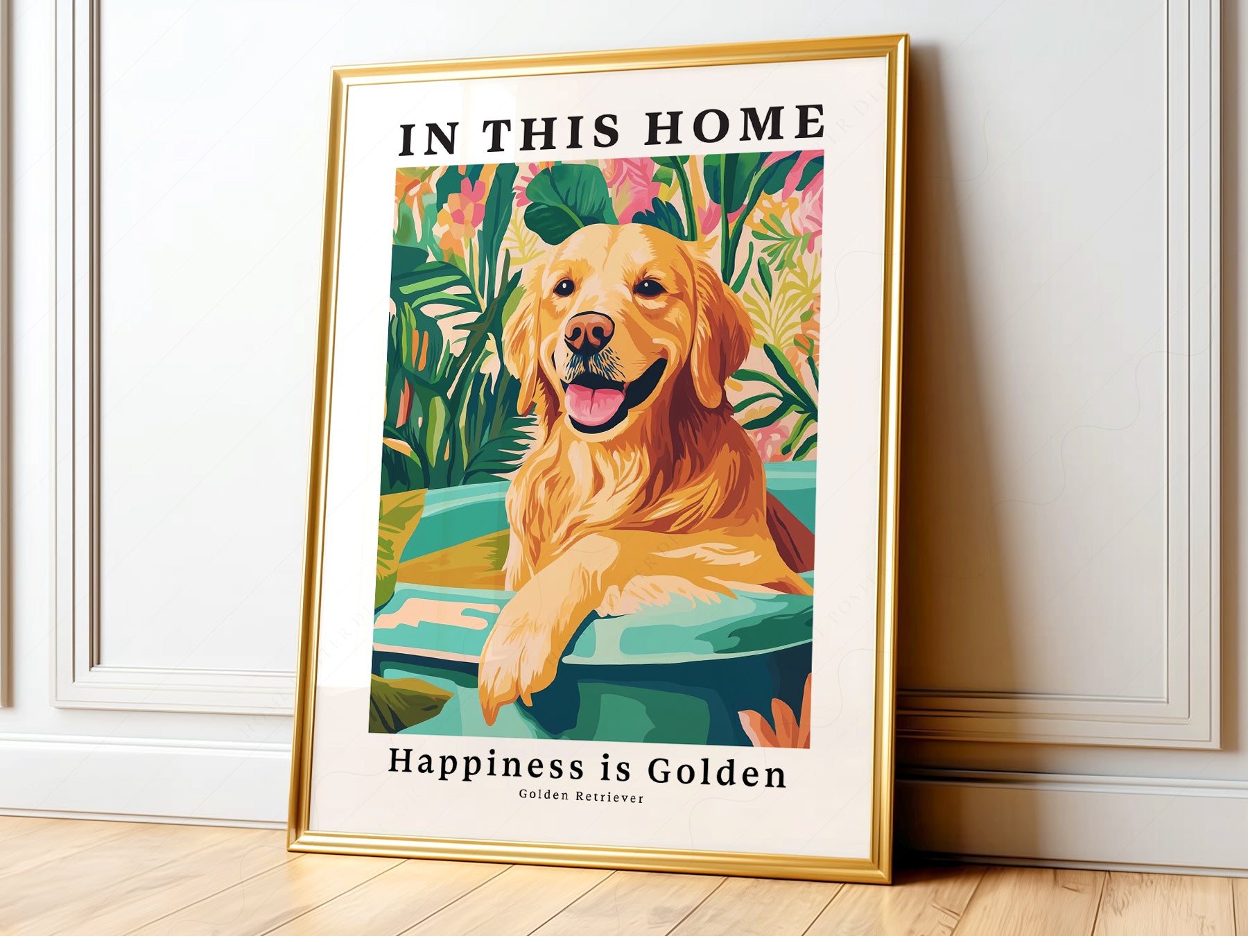 Golden Retriever wall art print displayed in a bright modern living room