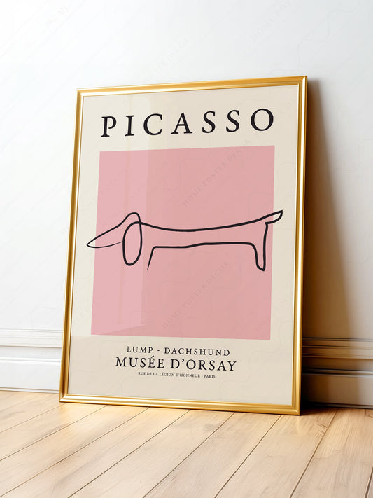 Pablo Picasso Lump dachshund line drawing art print in pink, minimalist dog wall art poster.