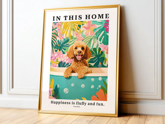 Poodle wall art print featuring a happy dog in a bubble bath with colorful tropical florals.