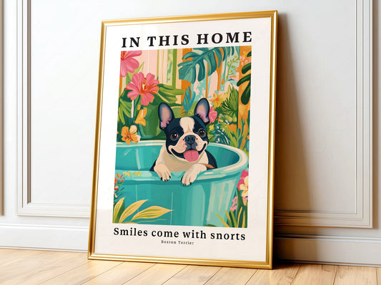 Boston Terrier wall art print featuring a happy dog in a turquoise tub surrounded by tropical flowers and plants.
