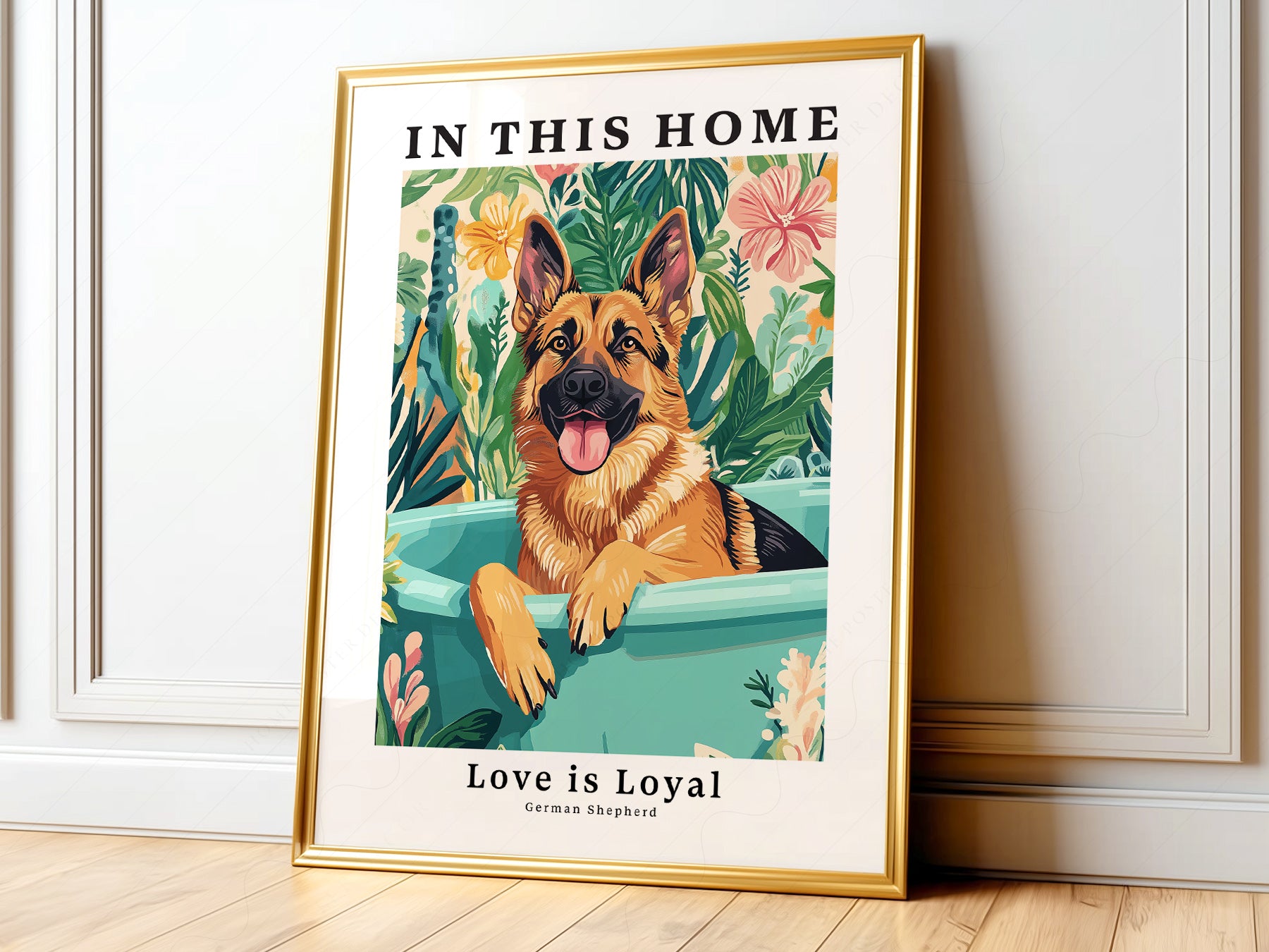 German Shepherd dog art print featuring a happy pup in a tub surrounded by tropical botanicals and loyalty quote.