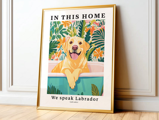 Labrador dog art print featuring a happy golden Lab in a bathtub surrounded by tropical plants and flowers.