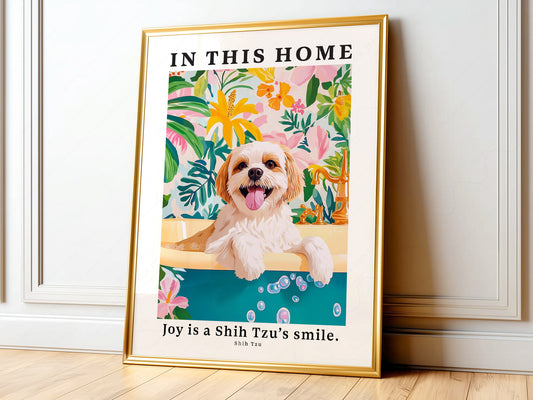 Shih Tzu dog art print featuring a smiling pup in a colorful tropical bubble bath with floral background.