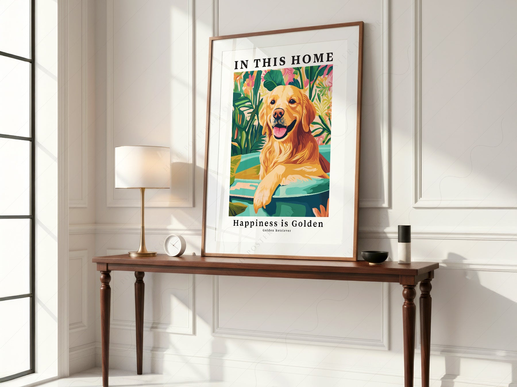Golden Retriever art print as wall decor in a minimalist home office