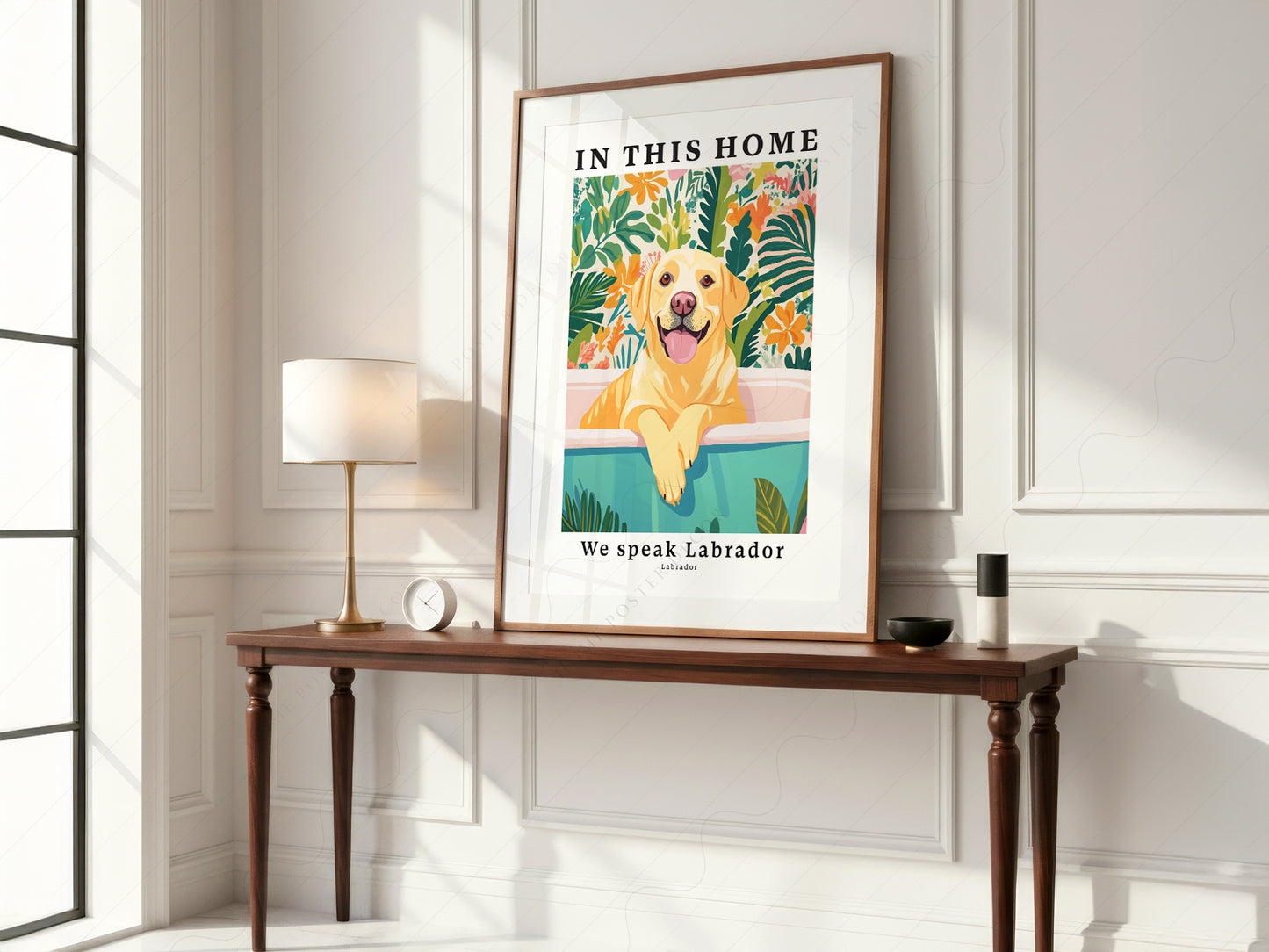 Labrador Dog wall art print displayed in a bright modern living room