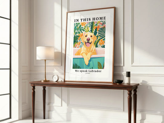 Labrador Dog wall art print displayed in a bright modern living room