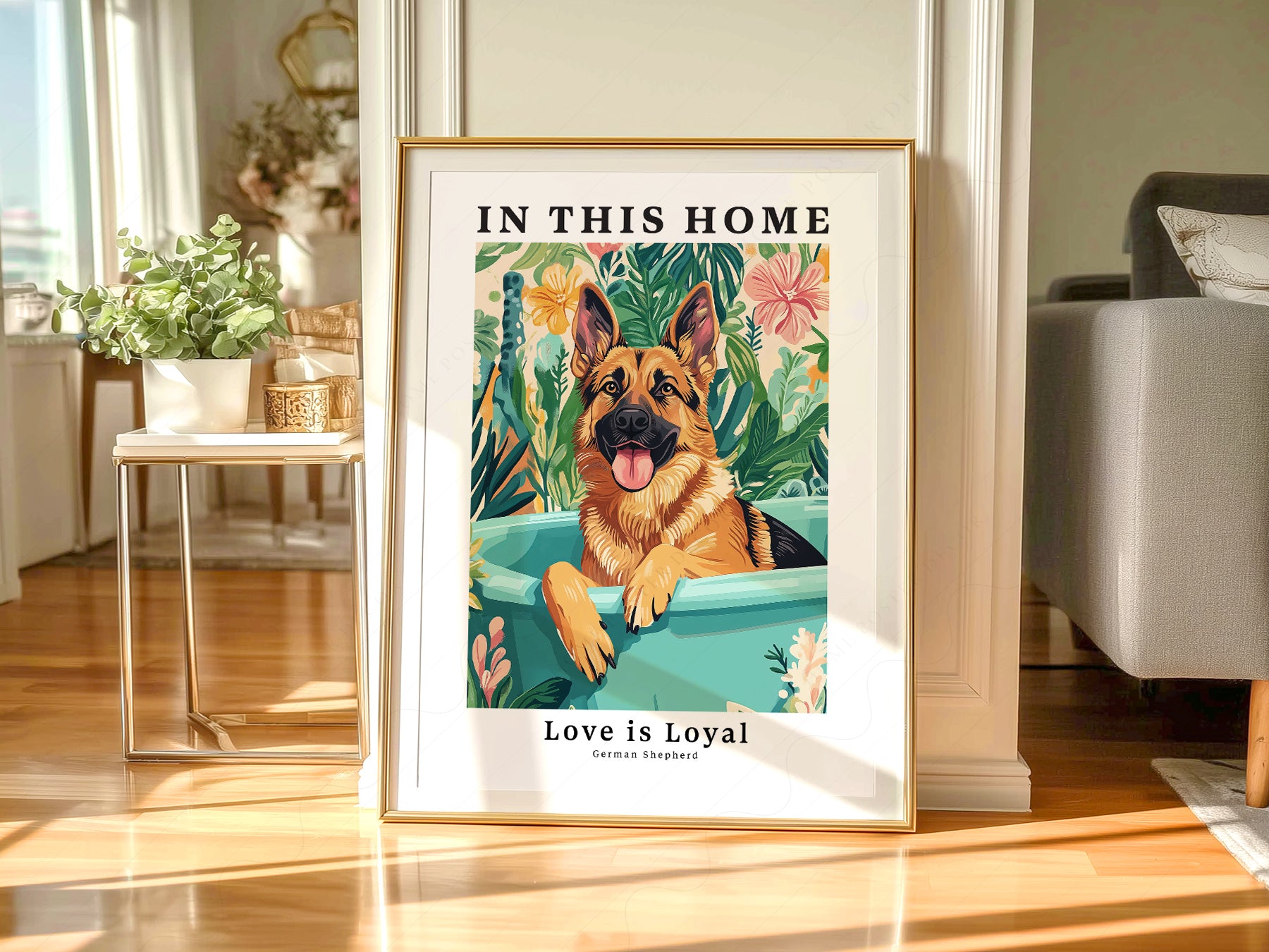 German Shepherd Dog styled in a Scandinavian bedroom