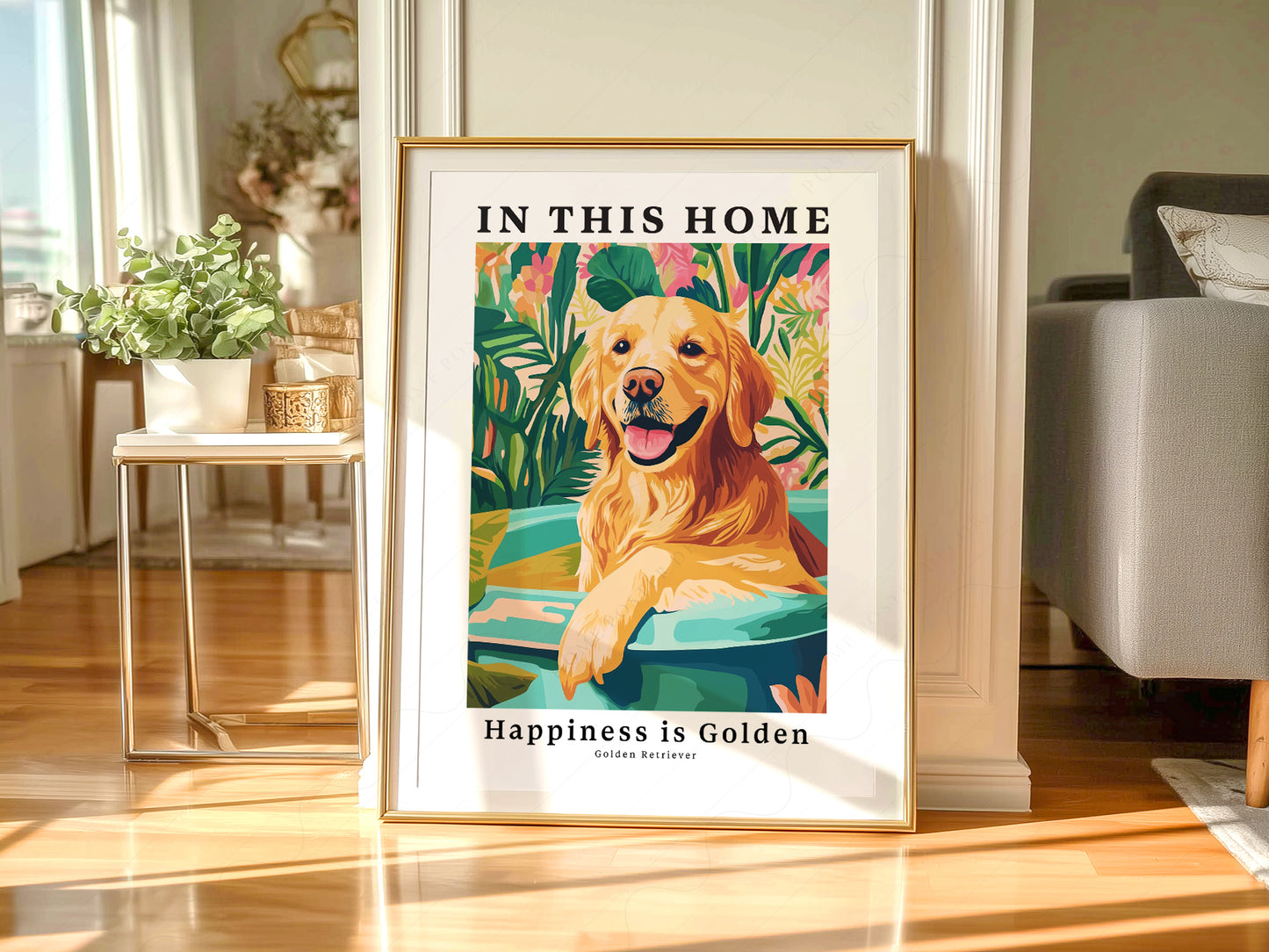 Golden Retriever in a light-filled Japandi-inspired living space