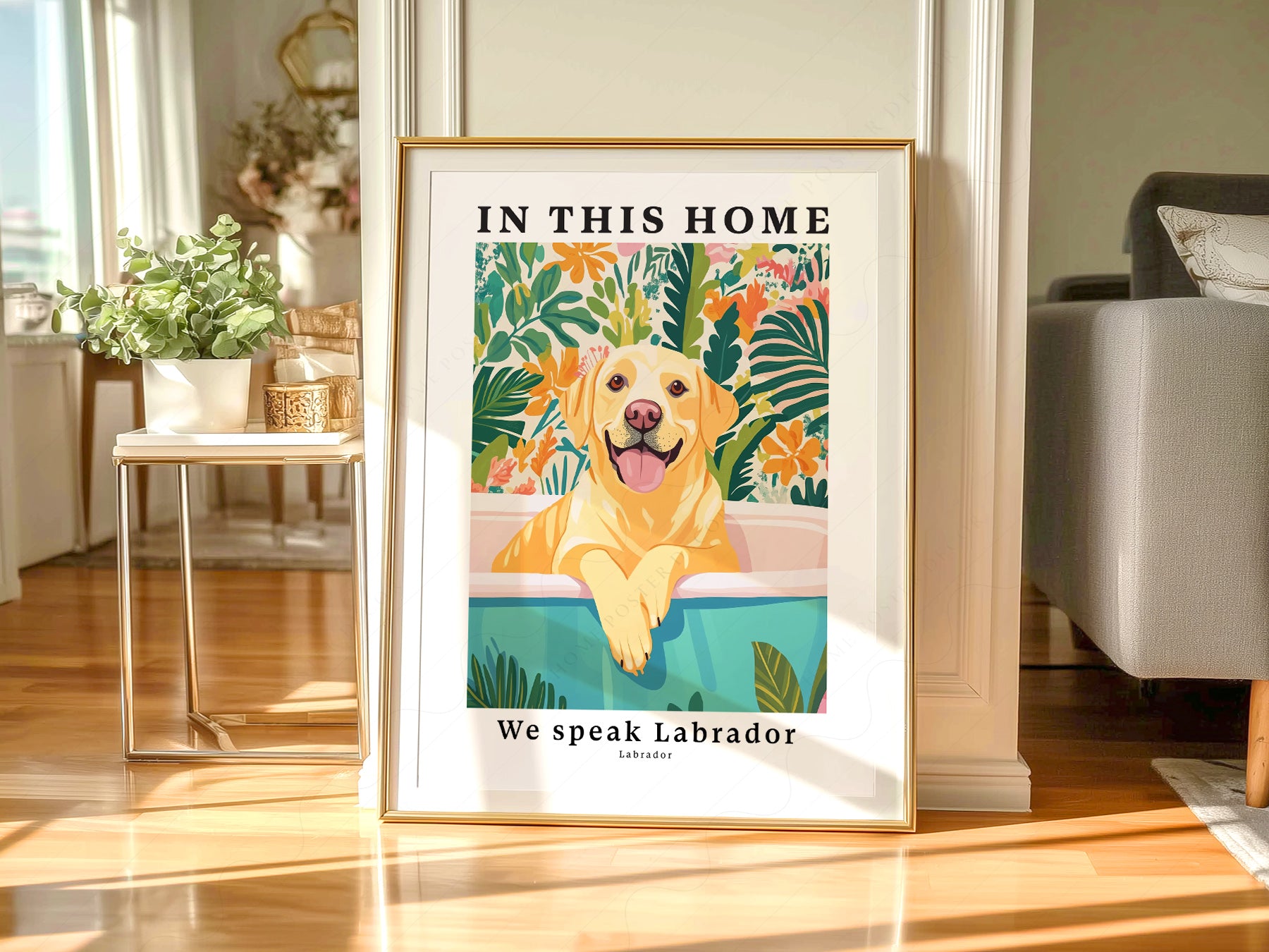 Labrador Dog styled in a Scandinavian bedroom