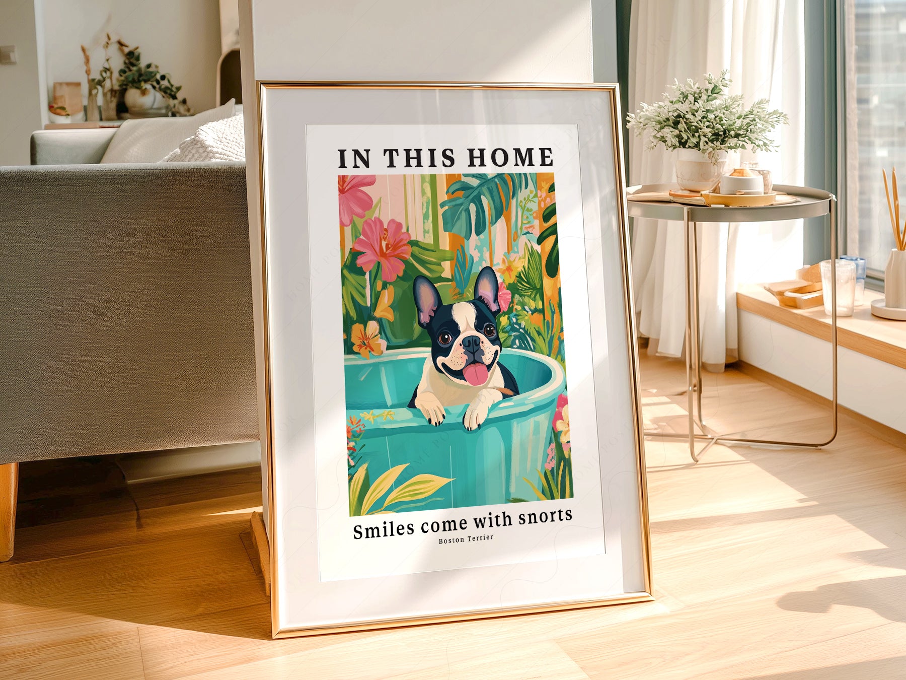 Boston Terrier Wall wall art in a cozy home study or reading room