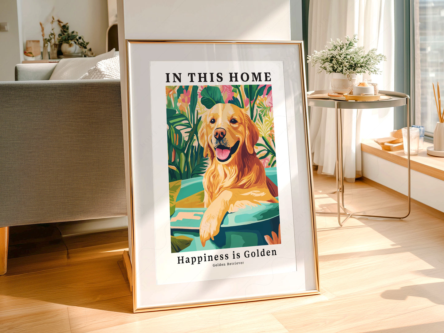 Golden Retriever styled in a Scandinavian bedroom