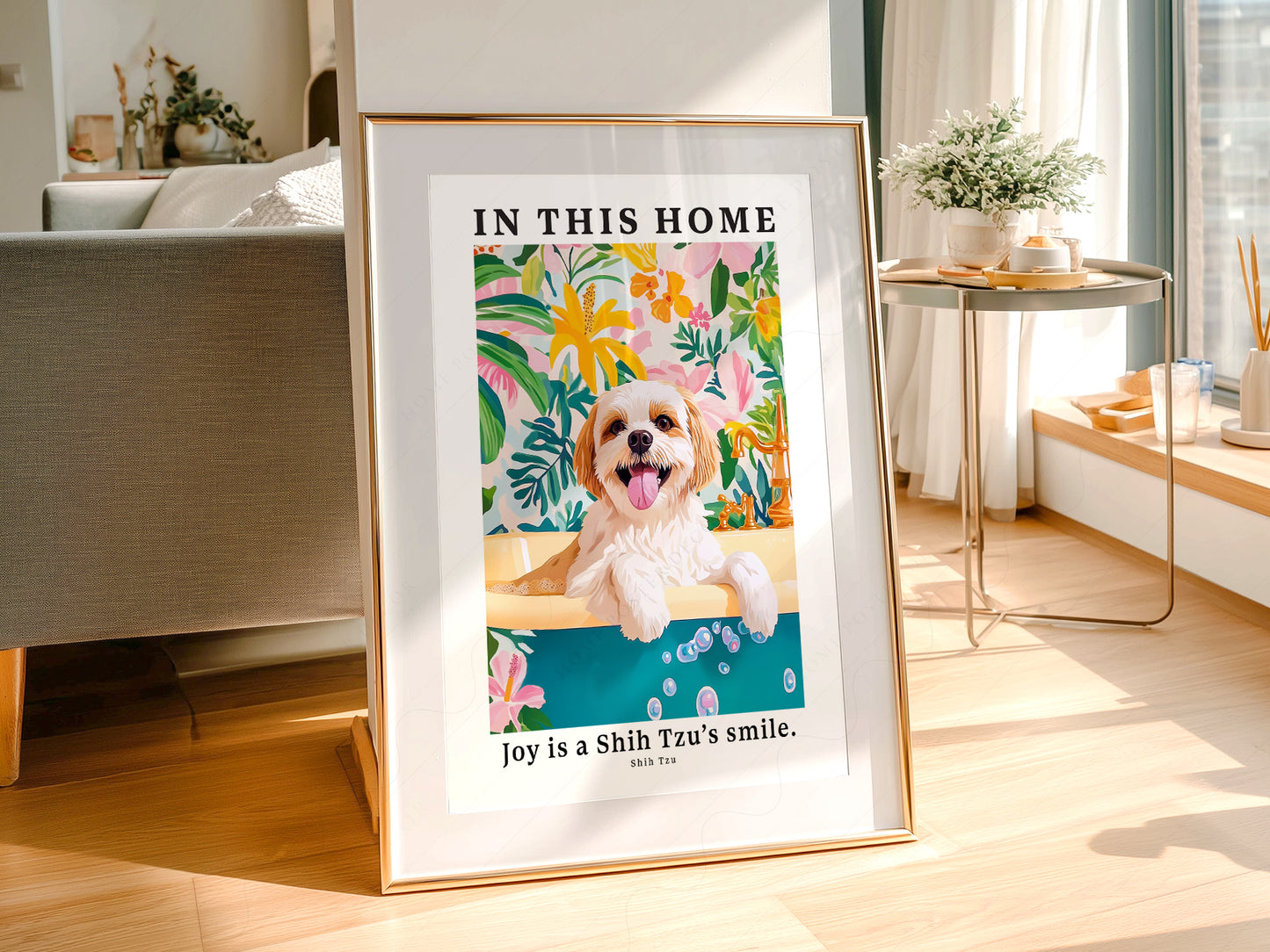 Shih Tzu In This Home wall art in a cozy home study or reading room