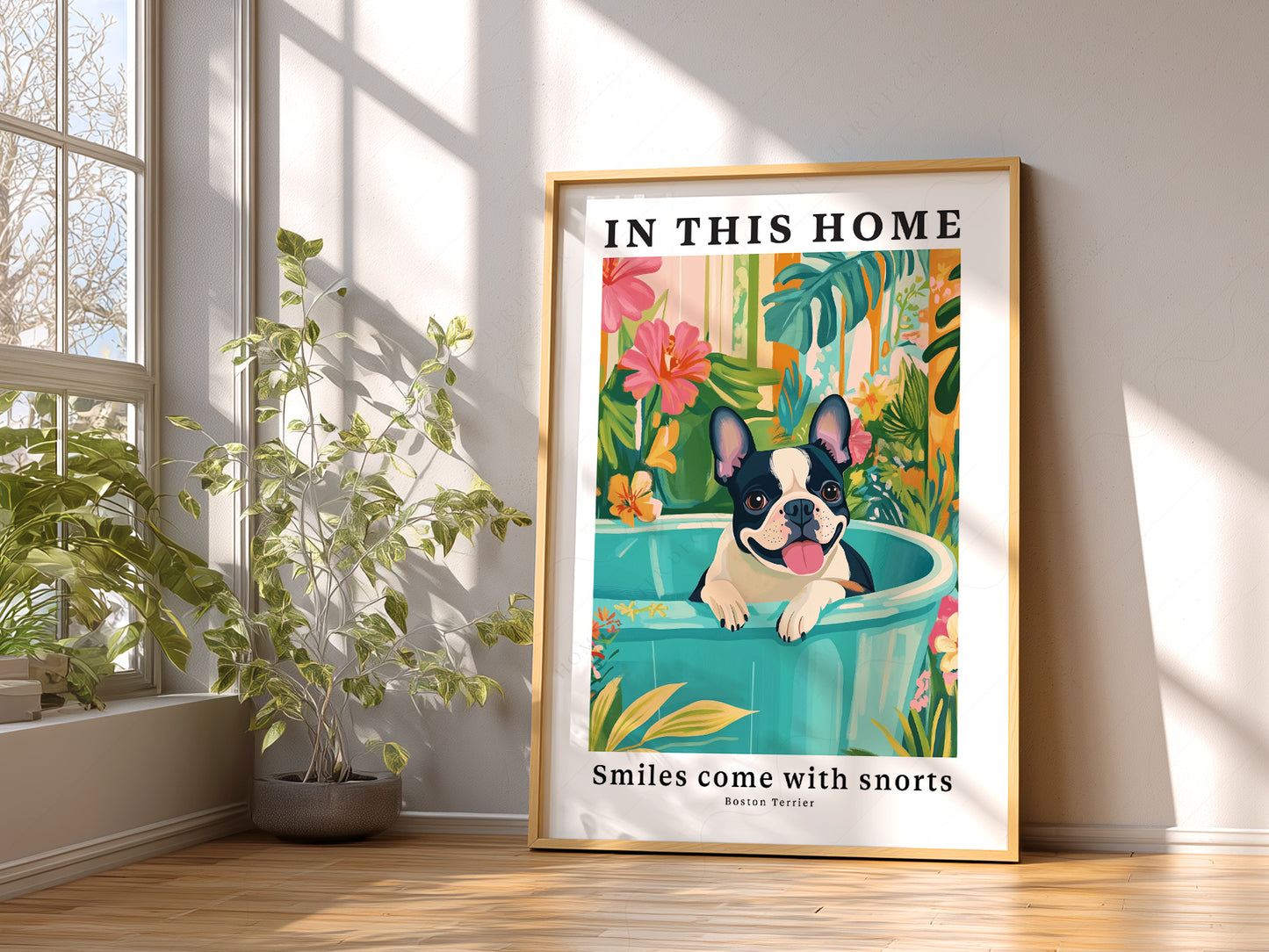 Boston Terrier Wall print styled in a mid-century modern dining room