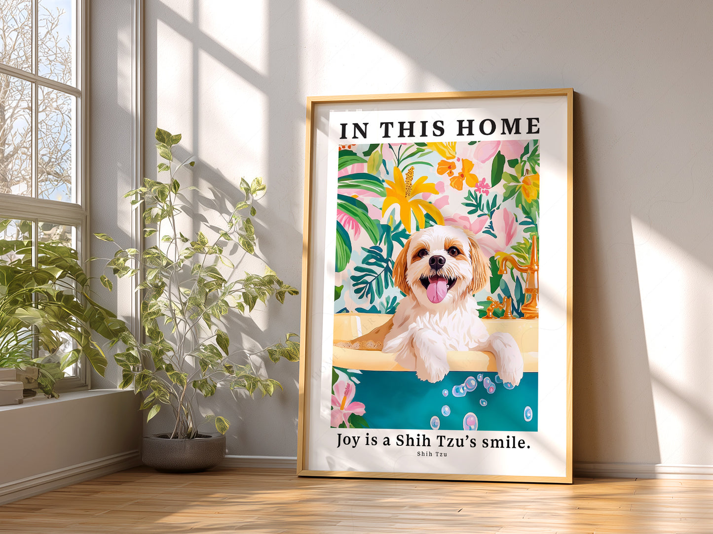 Shih Tzu In This Home print styled in a mid-century modern dining room