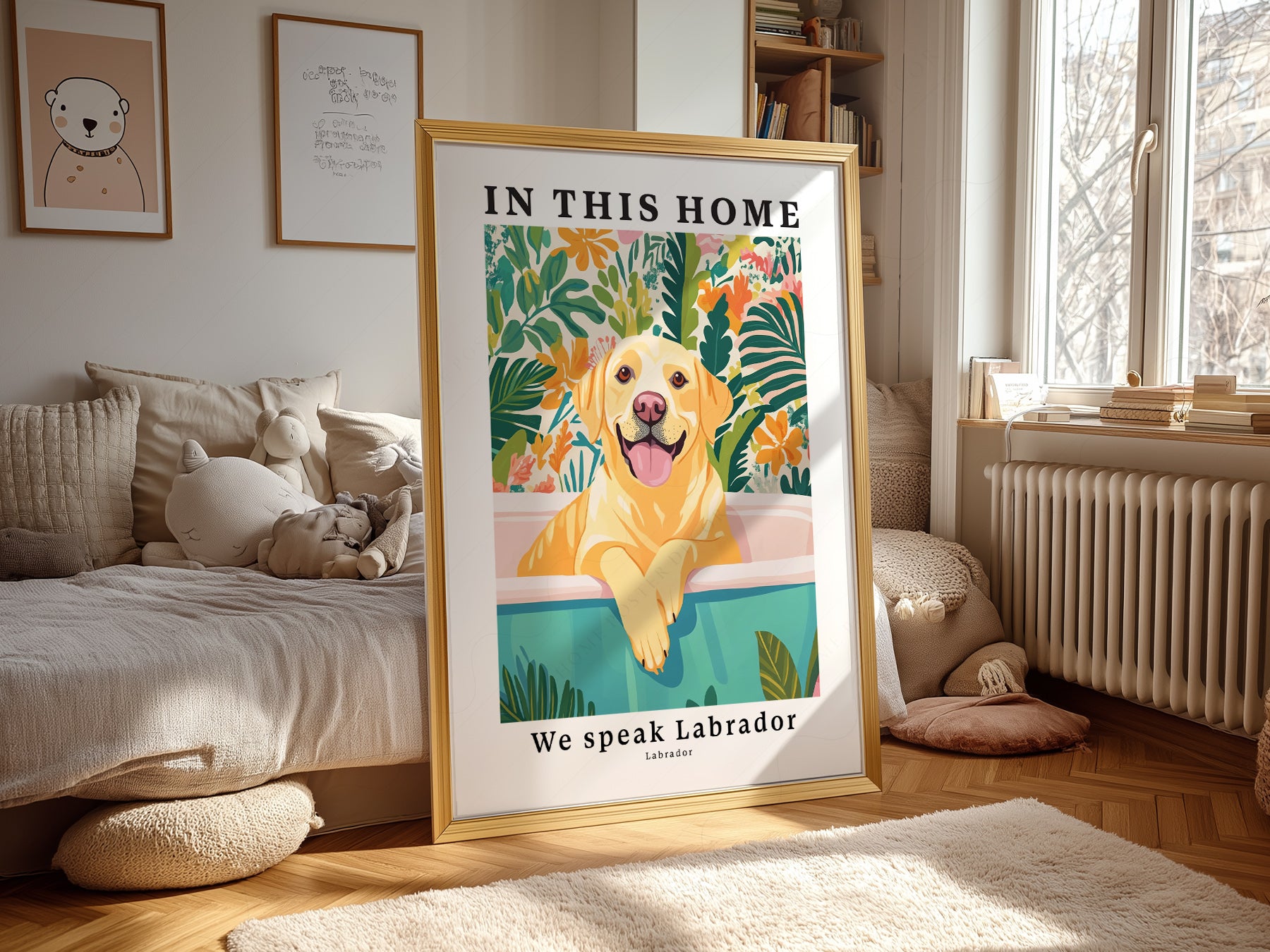 Labrador Dog print styled in a mid-century modern dining room