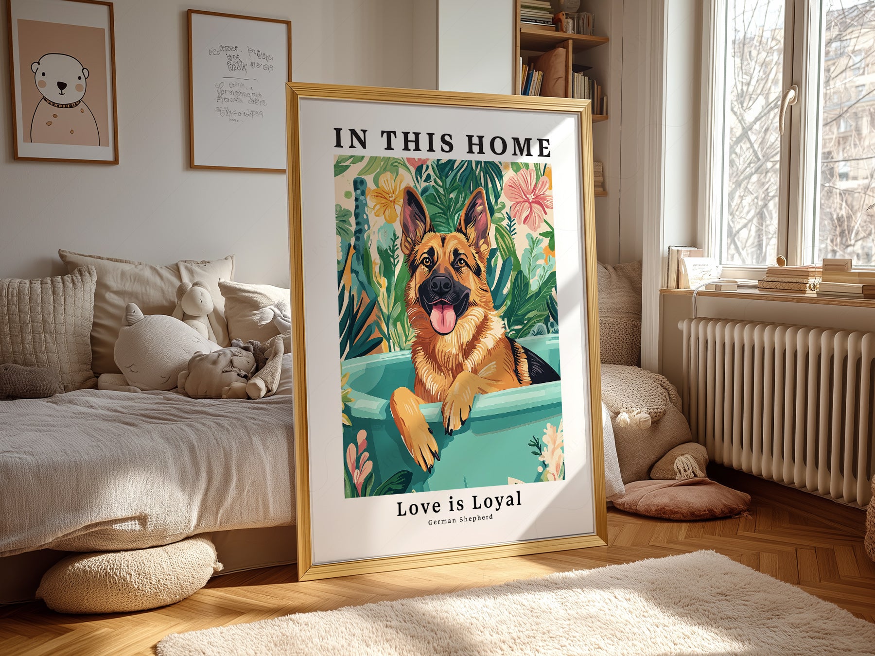 German Shepherd Dog wall art print displayed in a bright modern living room