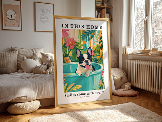 Boston Terrier Wall wall art print displayed in a bright modern living room