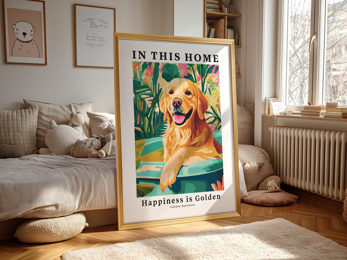 Golden Retriever print styled in a mid-century modern dining room