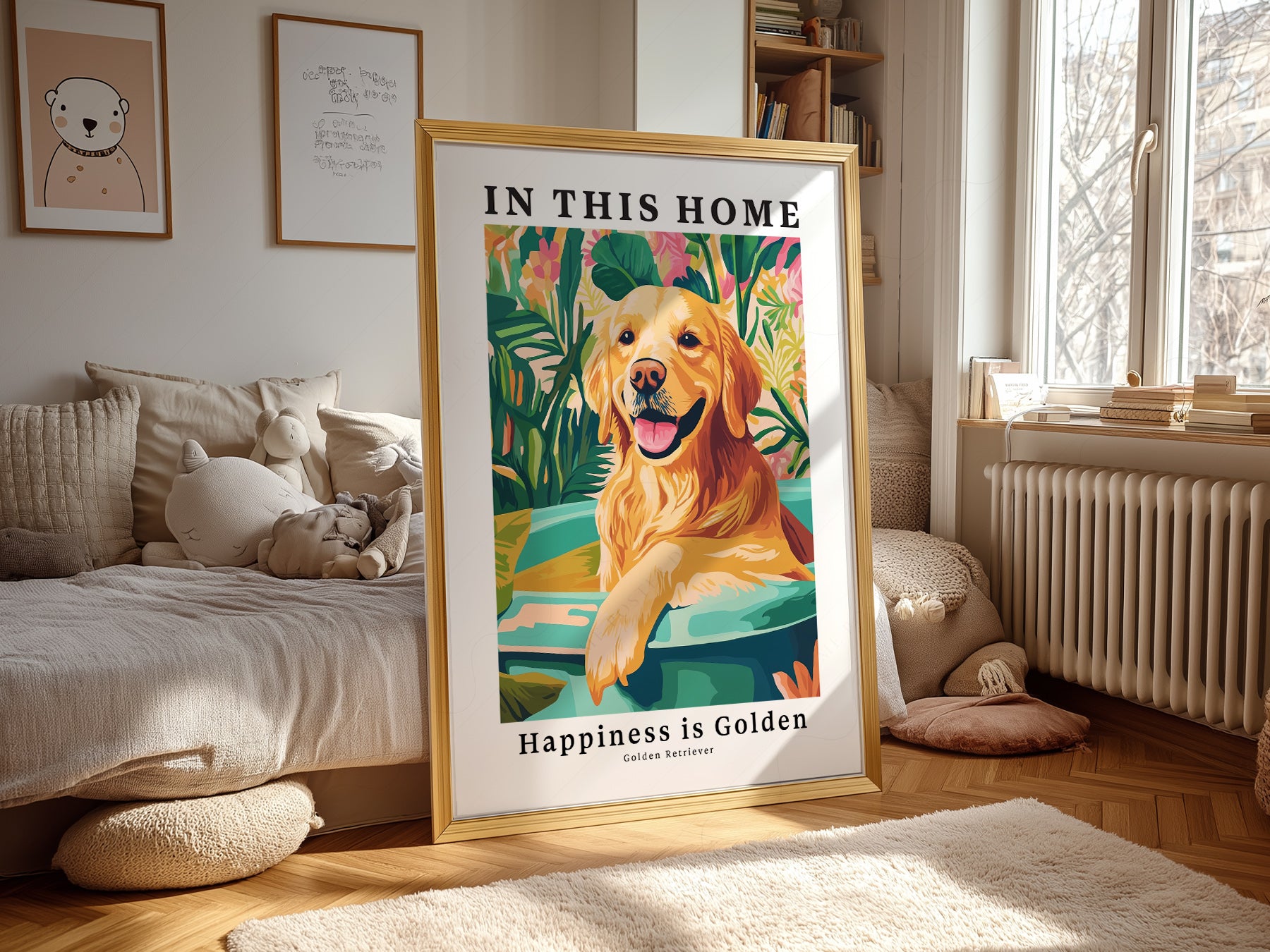 Golden Retriever print styled in a mid-century modern dining room