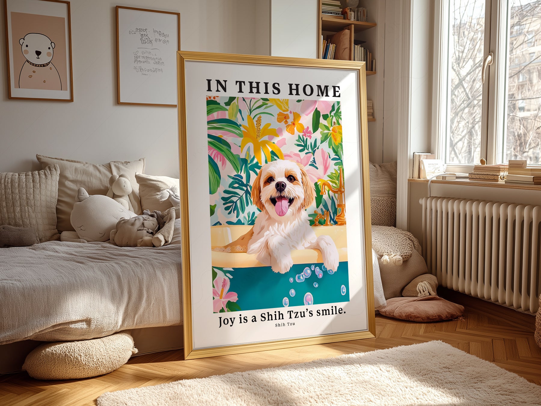 Shih Tzu In This Home in a light-filled Japandi-inspired living space