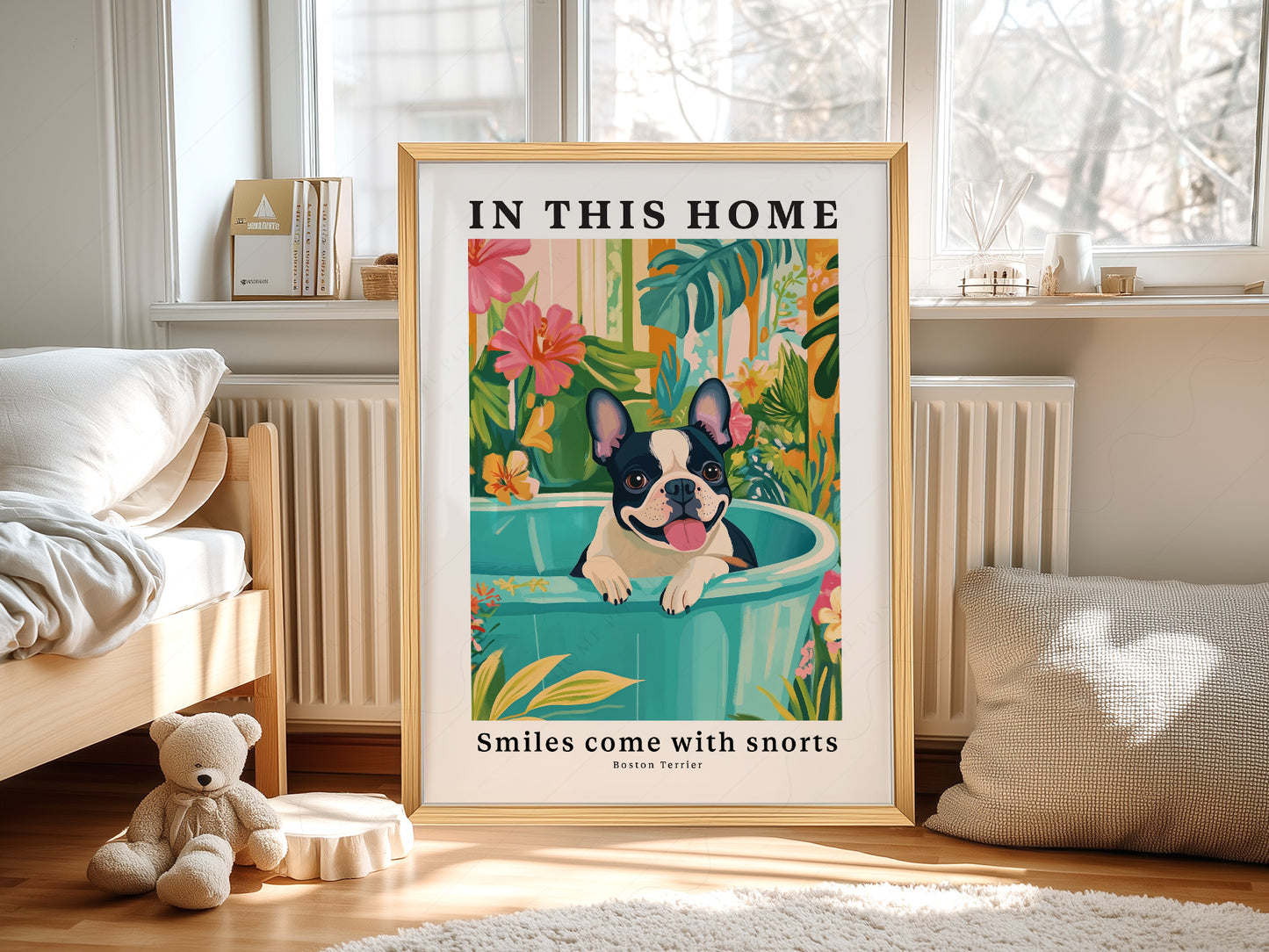 Boston Terrier Wall art print as wall decor in a minimalist home office