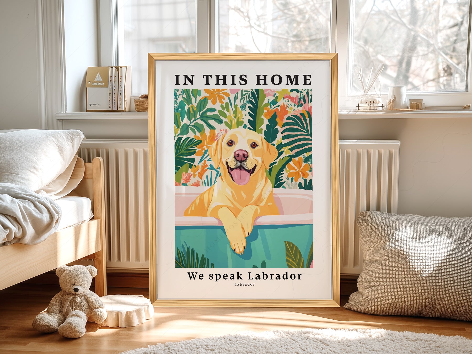 Labrador Dog art print as wall decor in a minimalist home office