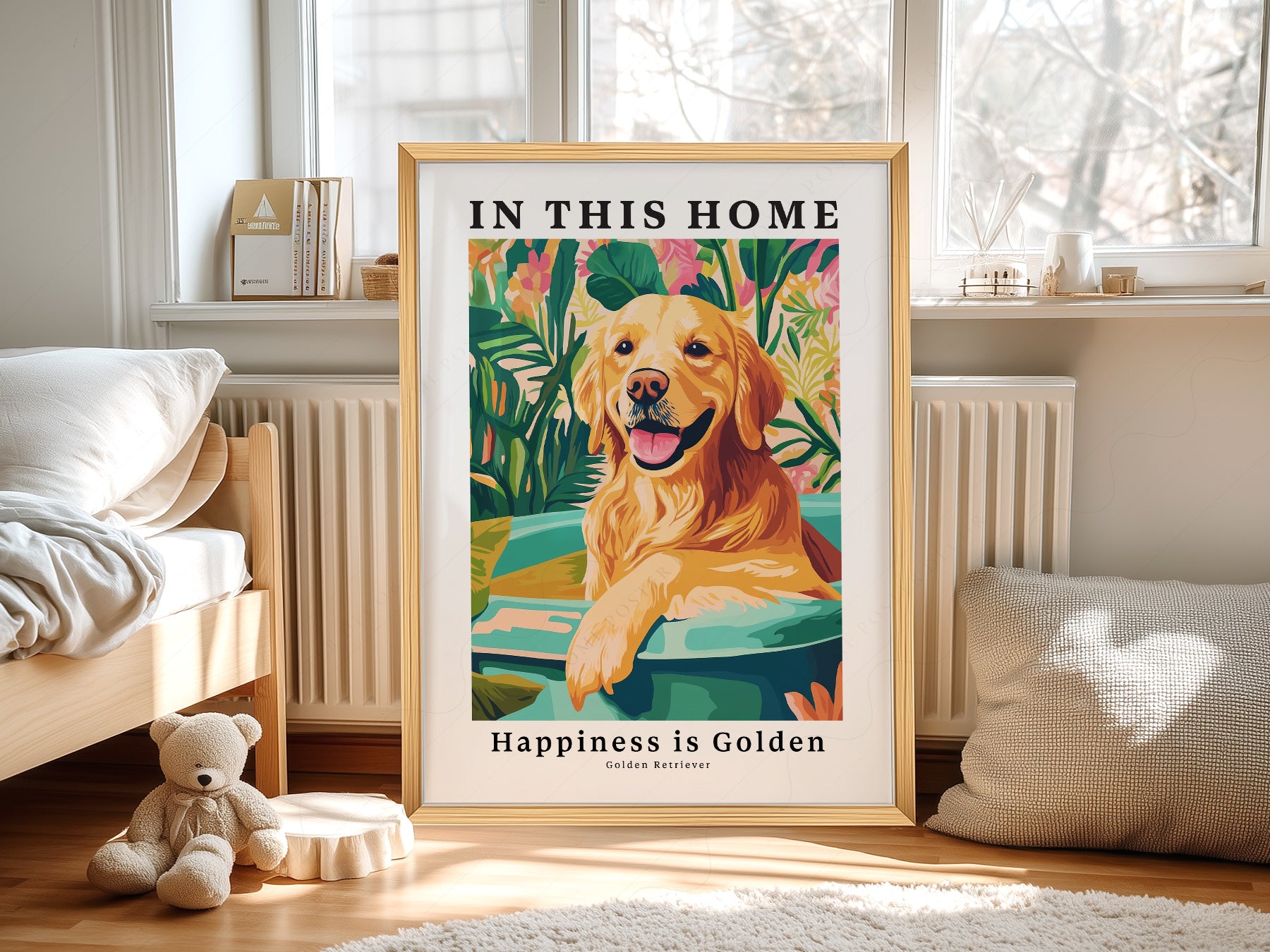 Golden Retriever wall art in a cozy home study or reading room