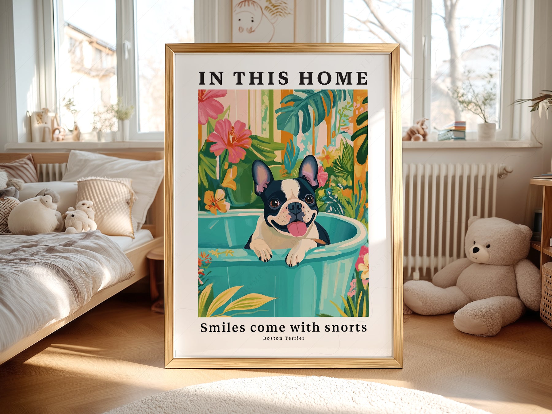 Boston Terrier Wall in a light-filled Japandi-inspired living space